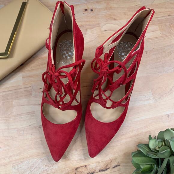 Vince Camuto Suede Red Cutout Heels - Picture 4 of 8